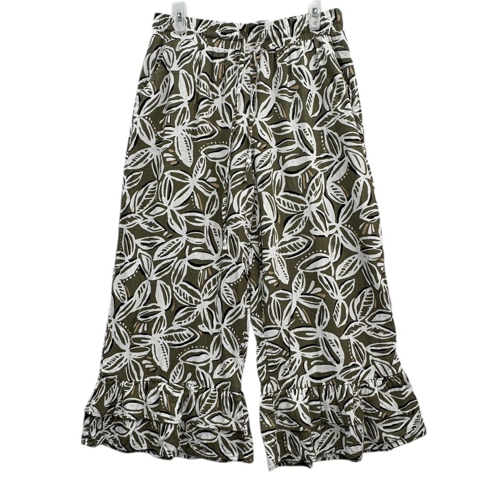 Cato Leaf Print Ruffle Hem Cropped Pants High Rise Lightweight Pull On Casual M